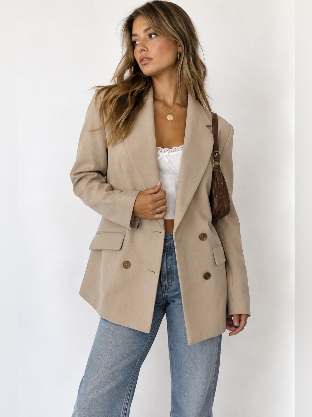 Aritzia Wilfred Office Siren Classy Beige Double-Breasted Blazer Jacket